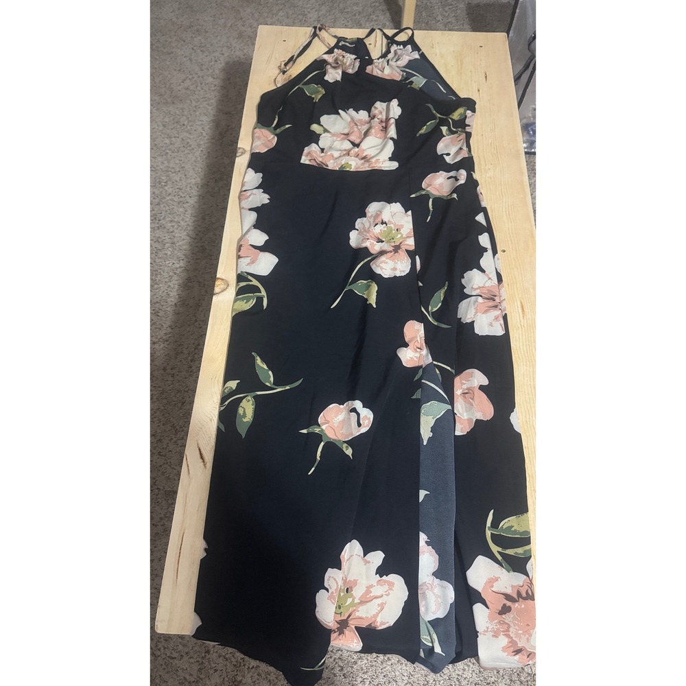 SHEIN Black Floral Halter Maxi Dress Pink Peony Print High Slit XL 12